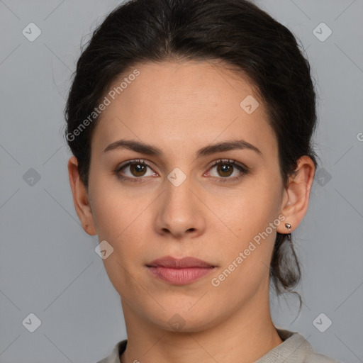 Neutral white young-adult female with medium  brown hair and brown eyes