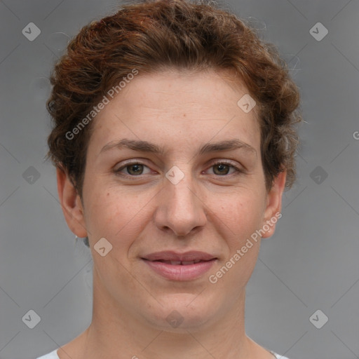 Joyful white adult female with short  brown hair and brown eyes