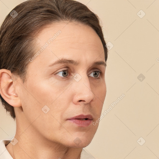 Neutral white adult female with short  brown hair and brown eyes