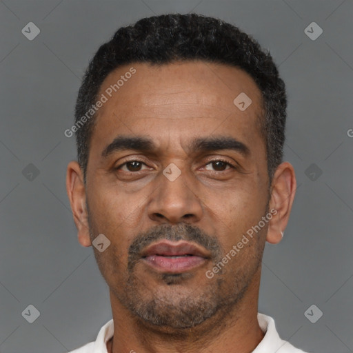 Neutral latino adult male with short  black hair and brown eyes