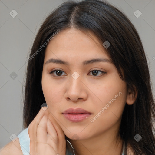 Neutral white young-adult female with medium  brown hair and brown eyes