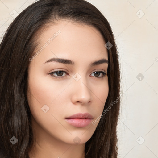 Neutral white young-adult female with long  brown hair and brown eyes