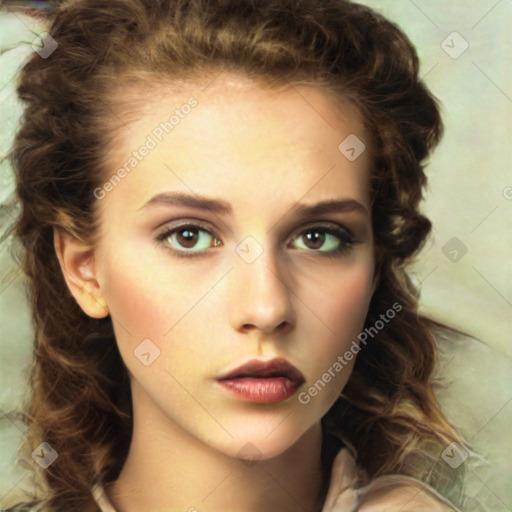 Neutral white young-adult female with long  brown hair and green eyes