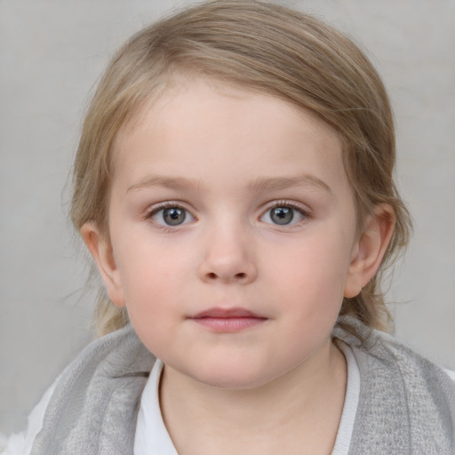 Neutral white child female with medium  brown hair and blue eyes