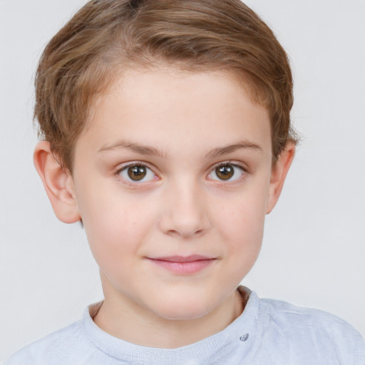 Joyful white child female with short  brown hair and grey eyes