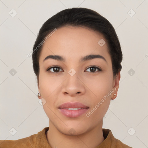 Joyful white young-adult female with short  black hair and brown eyes