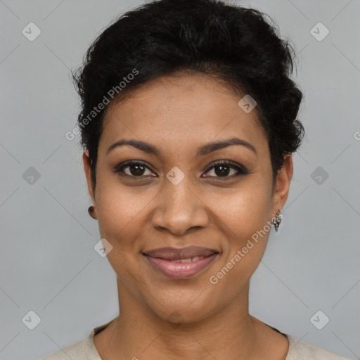 Joyful latino young-adult female with short  black hair and brown eyes