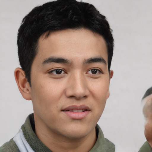 Neutral asian young-adult male with short  brown hair and brown eyes