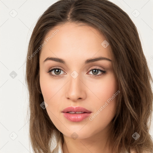 Neutral white young-adult female with long  brown hair and brown eyes