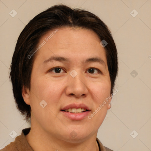 Joyful white adult female with medium  brown hair and brown eyes