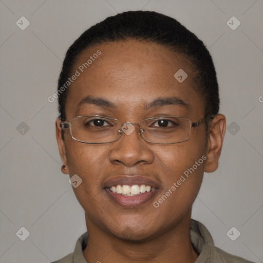 Joyful black young-adult female with short  black hair and brown eyes