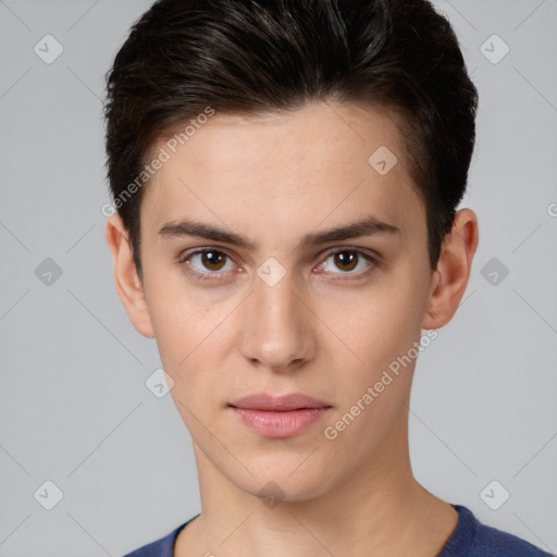 Neutral white young-adult male with short  brown hair and brown eyes