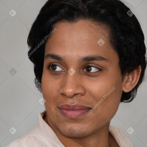 Joyful latino young-adult female with short  brown hair and brown eyes