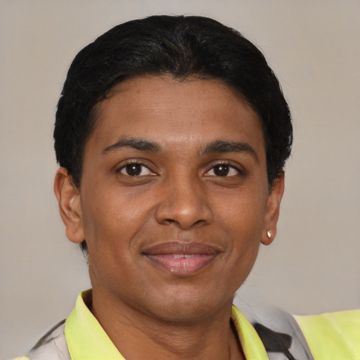 Joyful latino young-adult male with short  brown hair and brown eyes