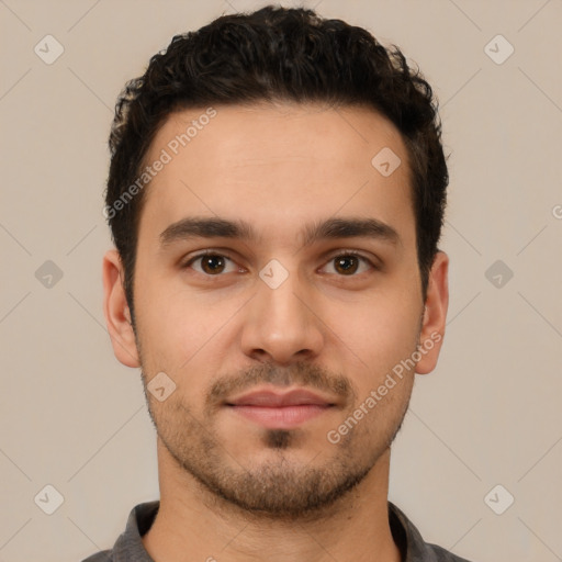Neutral white young-adult male with short  black hair and brown eyes
