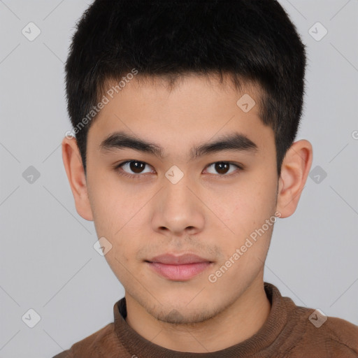 Neutral asian young-adult male with short  brown hair and brown eyes