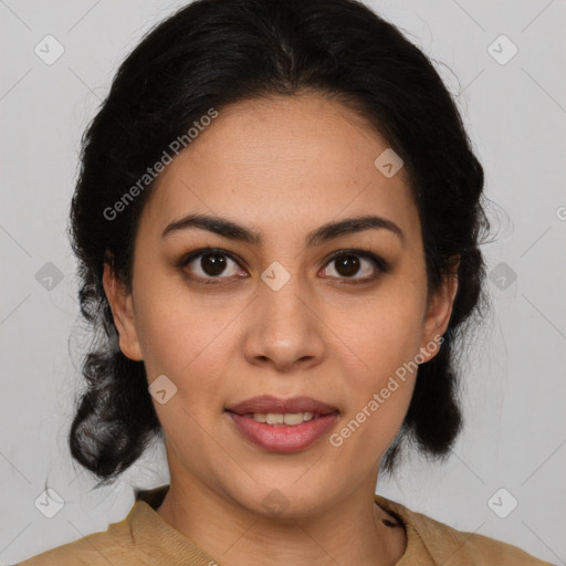 Joyful latino young-adult female with medium  brown hair and brown eyes