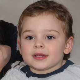 Joyful white child female with medium  brown hair and blue eyes
