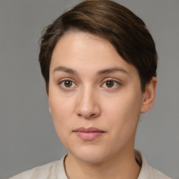 Neutral white young-adult female with short  brown hair and brown eyes