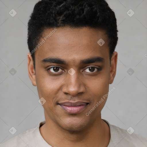 Joyful black young-adult male with short  black hair and brown eyes