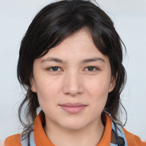 Neutral asian young-adult female with medium  brown hair and brown eyes