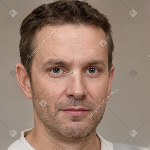 Neutral white adult male with short  brown hair and brown eyes