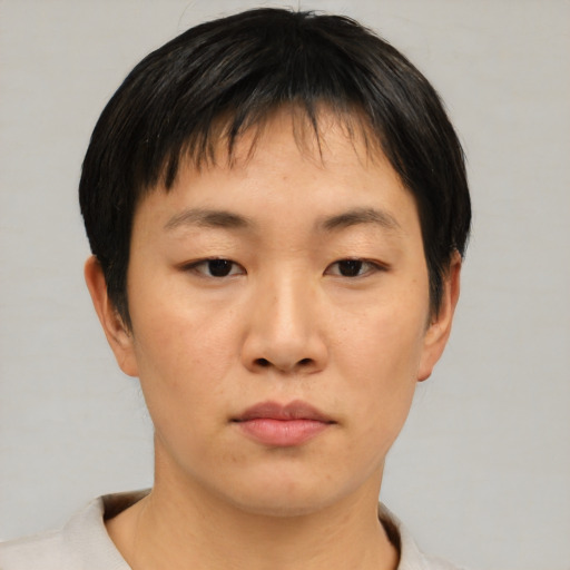 Neutral asian young-adult female with short  brown hair and brown eyes