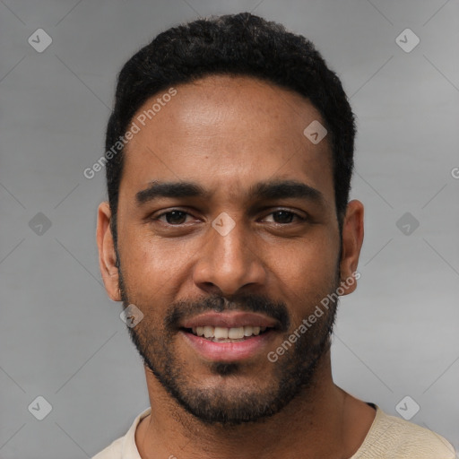 Joyful white young-adult male with short  black hair and brown eyes