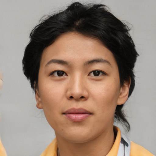 Neutral asian young-adult female with short  black hair and brown eyes