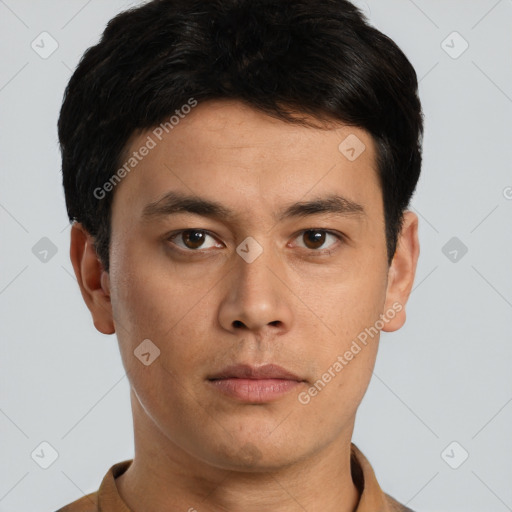 Neutral asian young-adult male with short  brown hair and brown eyes