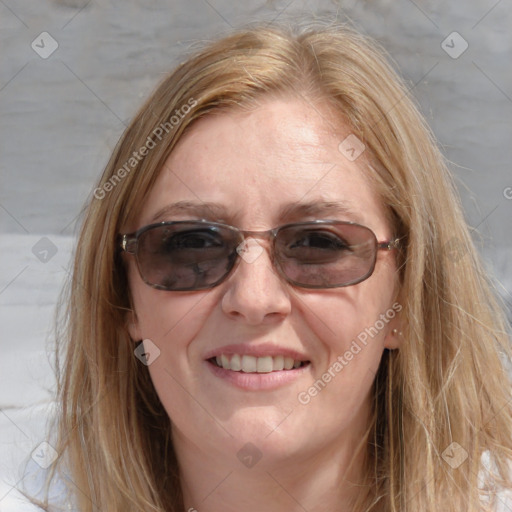 Joyful white adult female with medium  brown hair and blue eyes