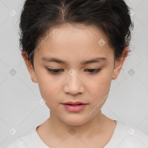 Joyful white child female with short  brown hair and brown eyes