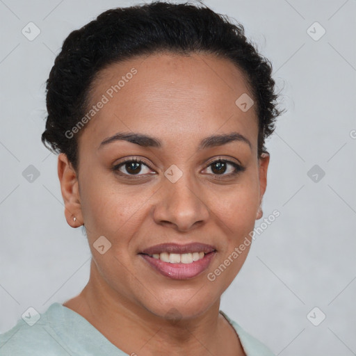 Joyful latino young-adult female with short  brown hair and brown eyes