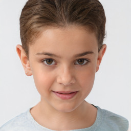 Joyful white child female with short  brown hair and brown eyes