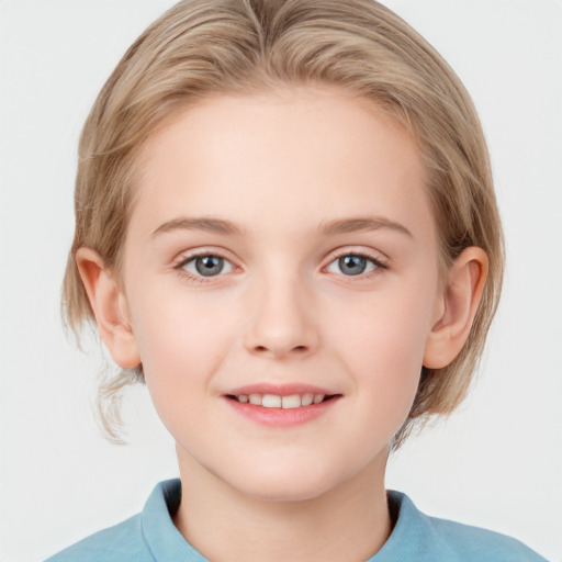 Joyful white child female with medium  brown hair and blue eyes