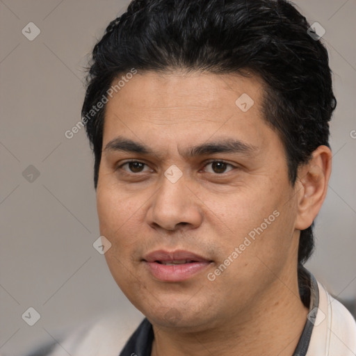 Joyful white young-adult male with short  black hair and brown eyes