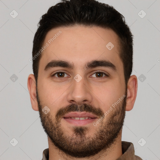 Neutral white young-adult male with short  brown hair and brown eyes