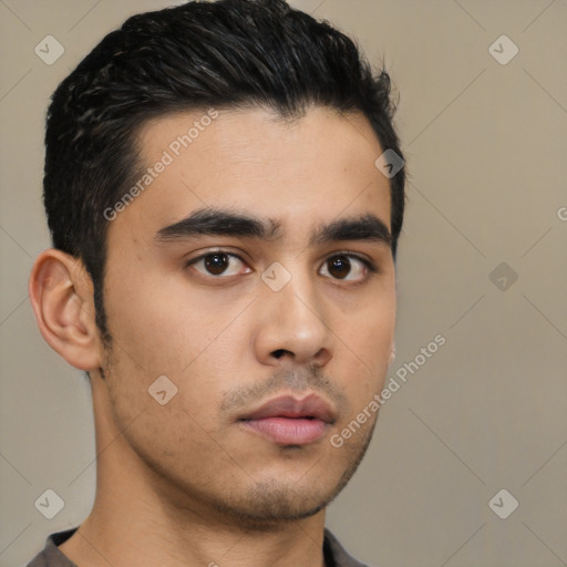 Neutral asian young-adult male with short  black hair and brown eyes