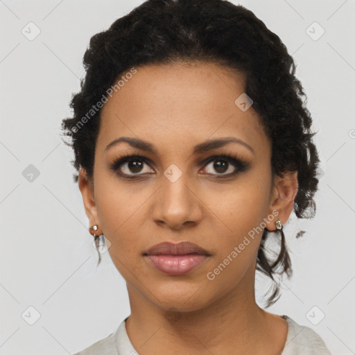 Neutral black young-adult female with short  black hair and brown eyes