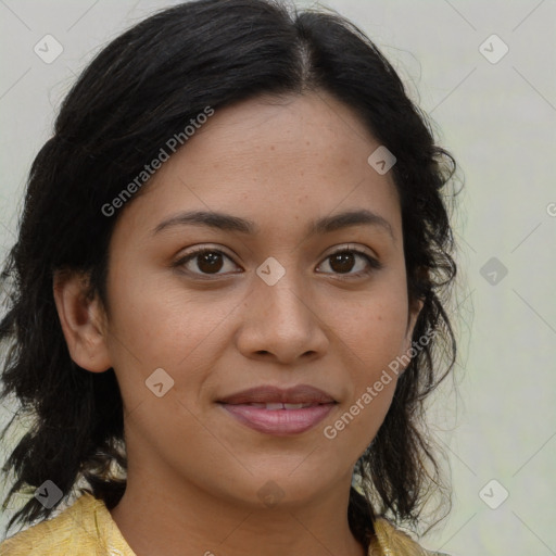 Joyful latino young-adult female with medium  brown hair and brown eyes