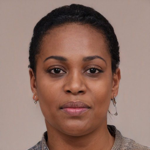 Joyful black young-adult female with short  black hair and brown eyes