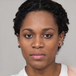 Neutral black young-adult female with short  black hair and brown eyes