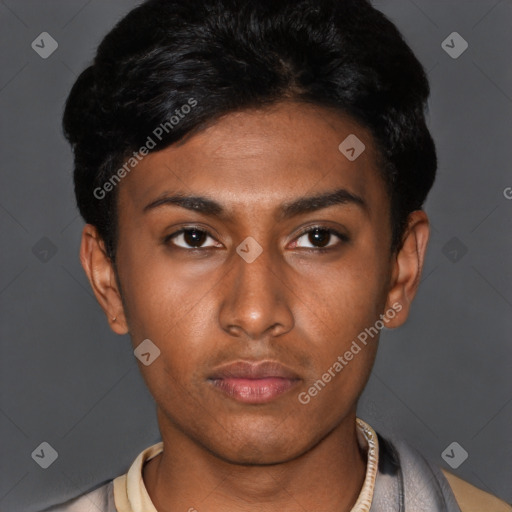 Neutral latino young-adult female with short  black hair and brown eyes