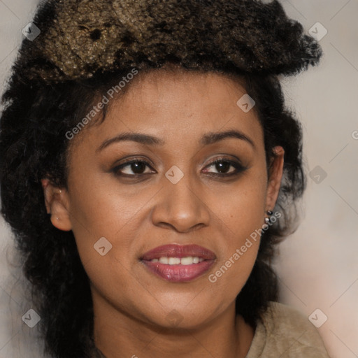 Joyful black young-adult female with long  brown hair and brown eyes