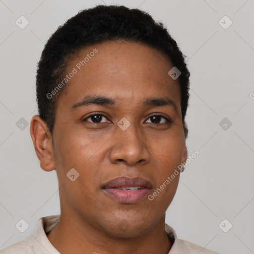 Neutral latino young-adult male with short  brown hair and brown eyes