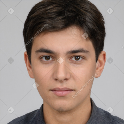 Neutral white young-adult male with short  brown hair and brown eyes