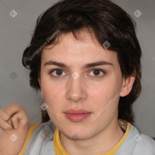 Neutral white young-adult female with medium  brown hair and brown eyes