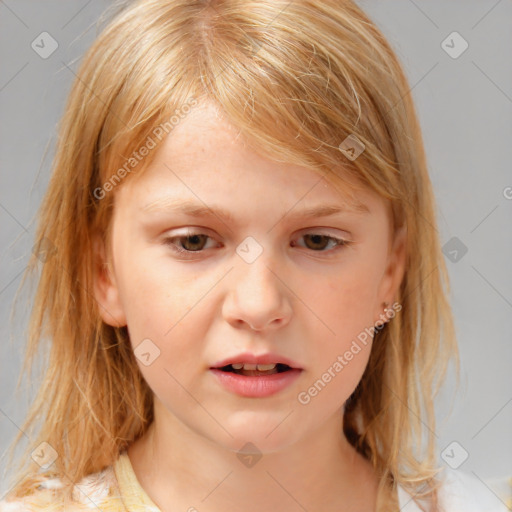 Neutral white child female with medium  brown hair and blue eyes