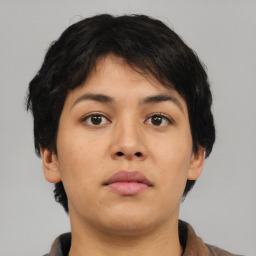 Neutral asian young-adult female with short  brown hair and brown eyes