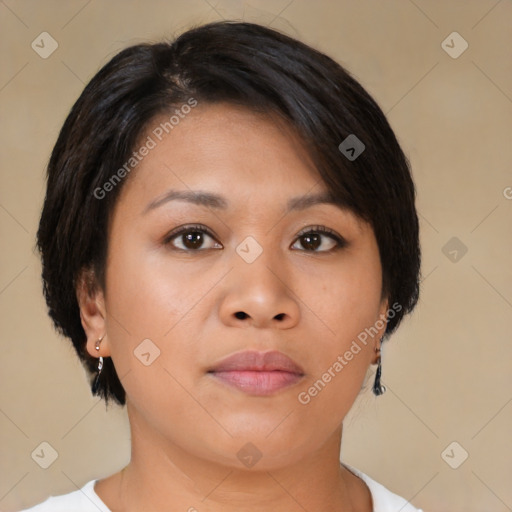 Neutral asian young-adult female with medium  brown hair and brown eyes